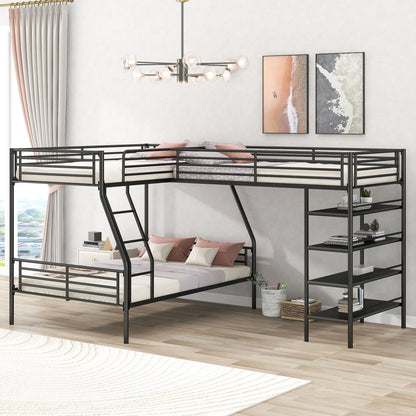 L-Shaped Twin Over Full Bunk Bed And Twin Loft Bed With 4 Built In Shelves - Black Hearth and Haven