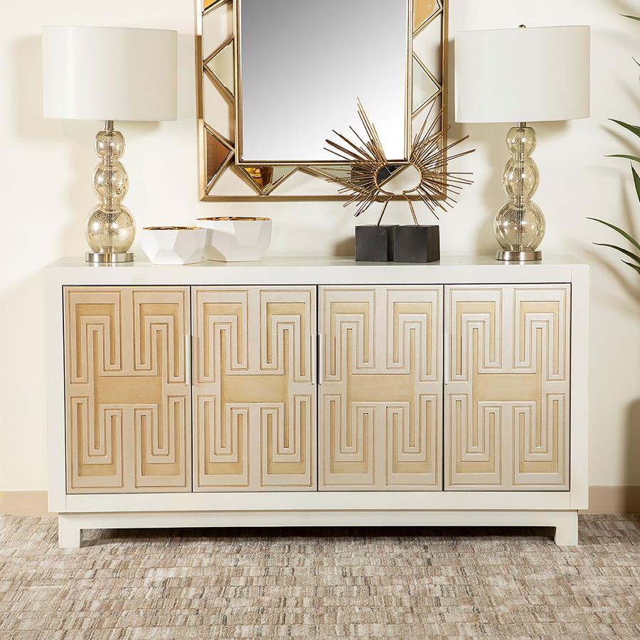 Voula - 4 Door Wood Accent Storage Cabinet - White And Gold CoasterElevations