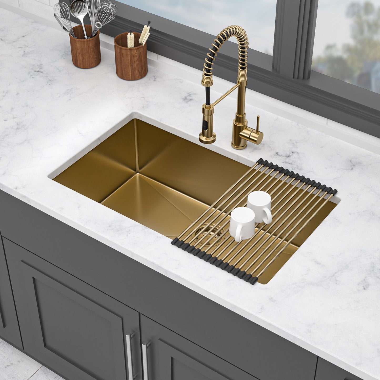 Gold Finish Undermount Stainless Steel Kitchen Sink 32" X 19" 16 Gauge Deep Single Bowl Daily Nest