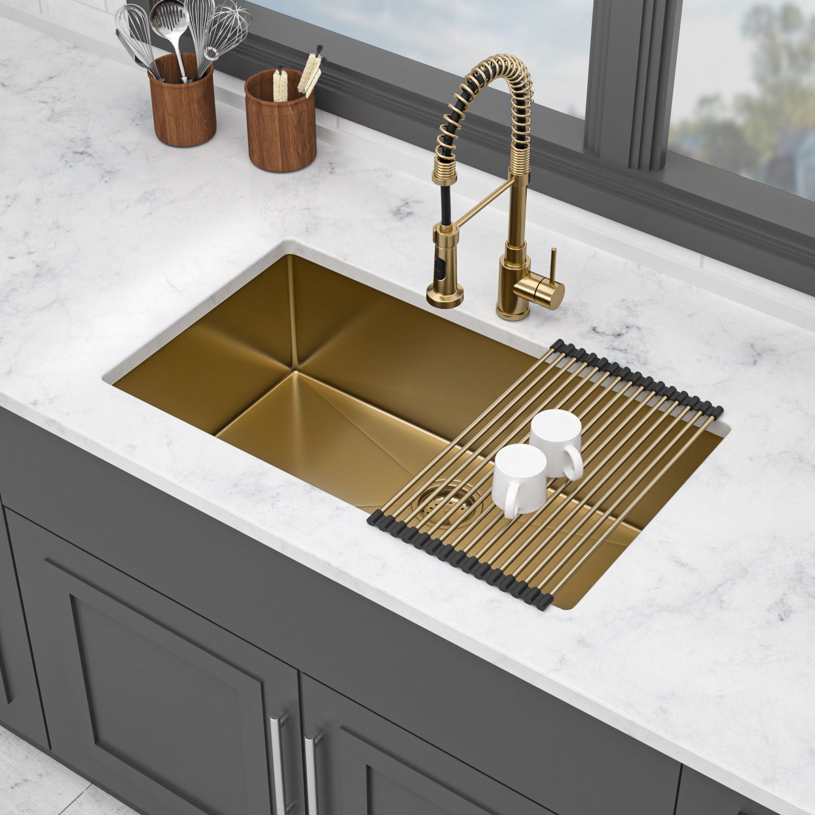 Gold Finish Undermount Stainless Steel Kitchen Sink 32" X 19" 16 Gauge Deep Single Bowl Daily Nest