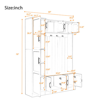 Tall Hall Tree With Shoe Storage, 4 In 1 Entryway Bench With 6 Cabinets, 4 Coat Hooks & Adjustable Shelf For Hallway - White Hearth and Haven