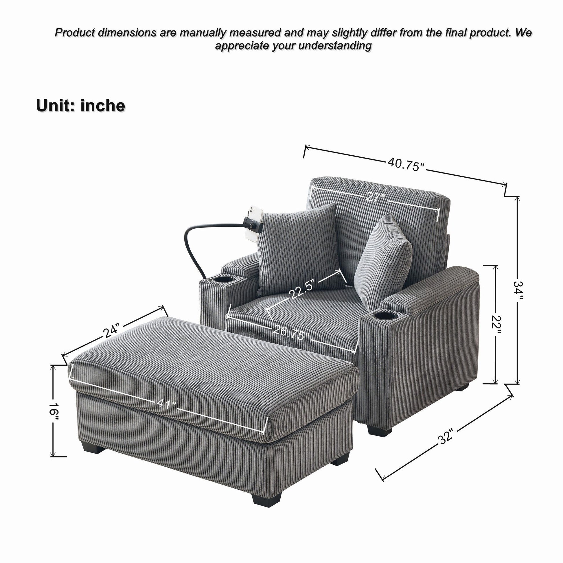 Comfy Corduroy Oversized Chaise Lounge Chair With Ottoman And Storage Home Essentials