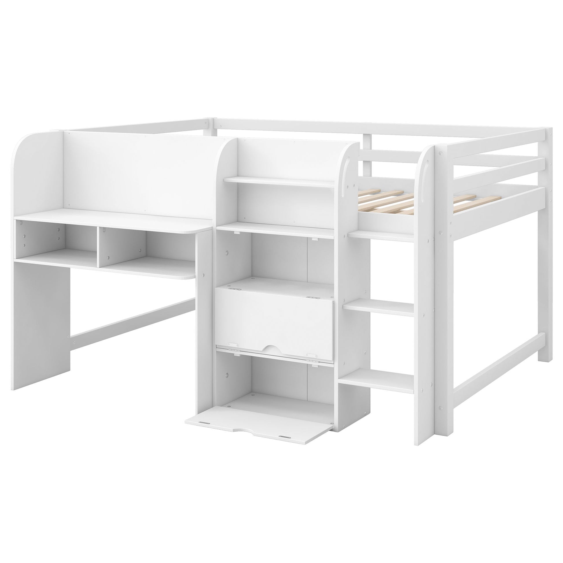 Low Loft Bed With Built In Desk, Storage Cabinets, Open Bookcase And Doodle Blackboard Hearth and Haven