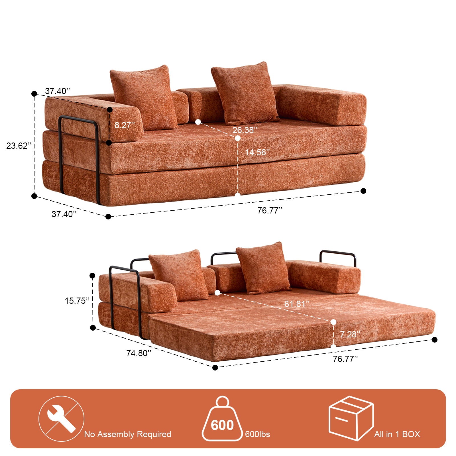 Convertible Floor Sofa Bed With Pillow Back Support Armrest Home Essentials