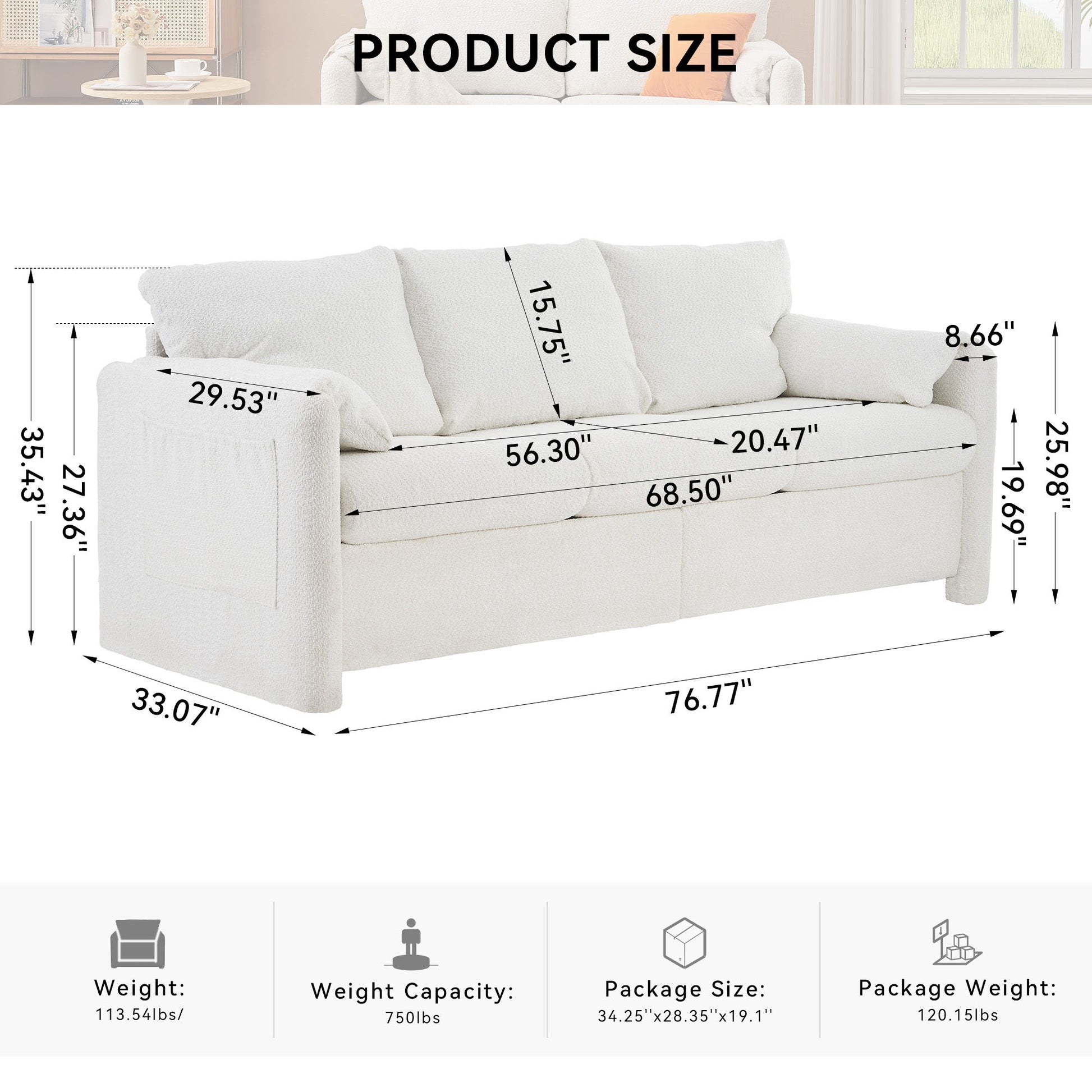 Modern 3 Seater Sofa Chenille Couch Plush Triple Seater Sofa With High Density Foam Cushions, Deep Seat Living Room Couch For Family Room, Apartment & Home Theater - Ivory White Home Essentials