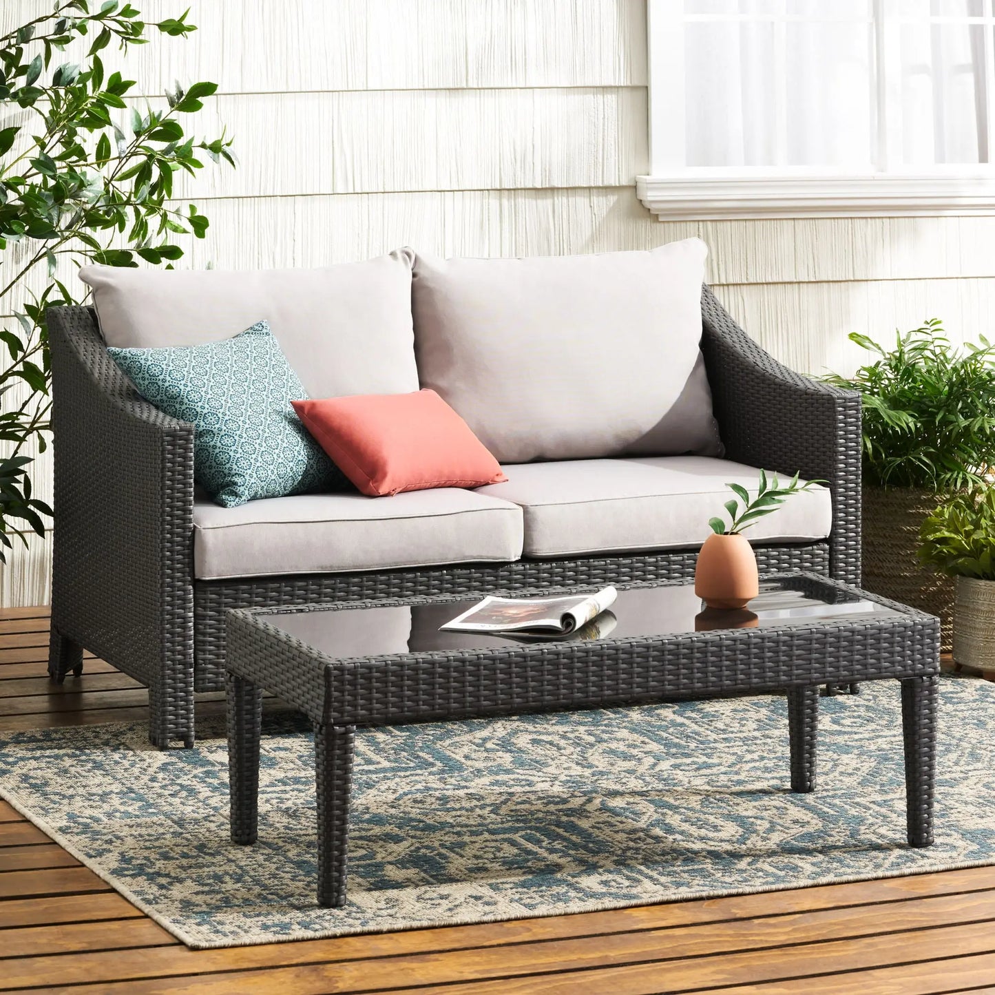 Contemporary Antibes Loveseat & Table Set Outdoor - Gray Noble House