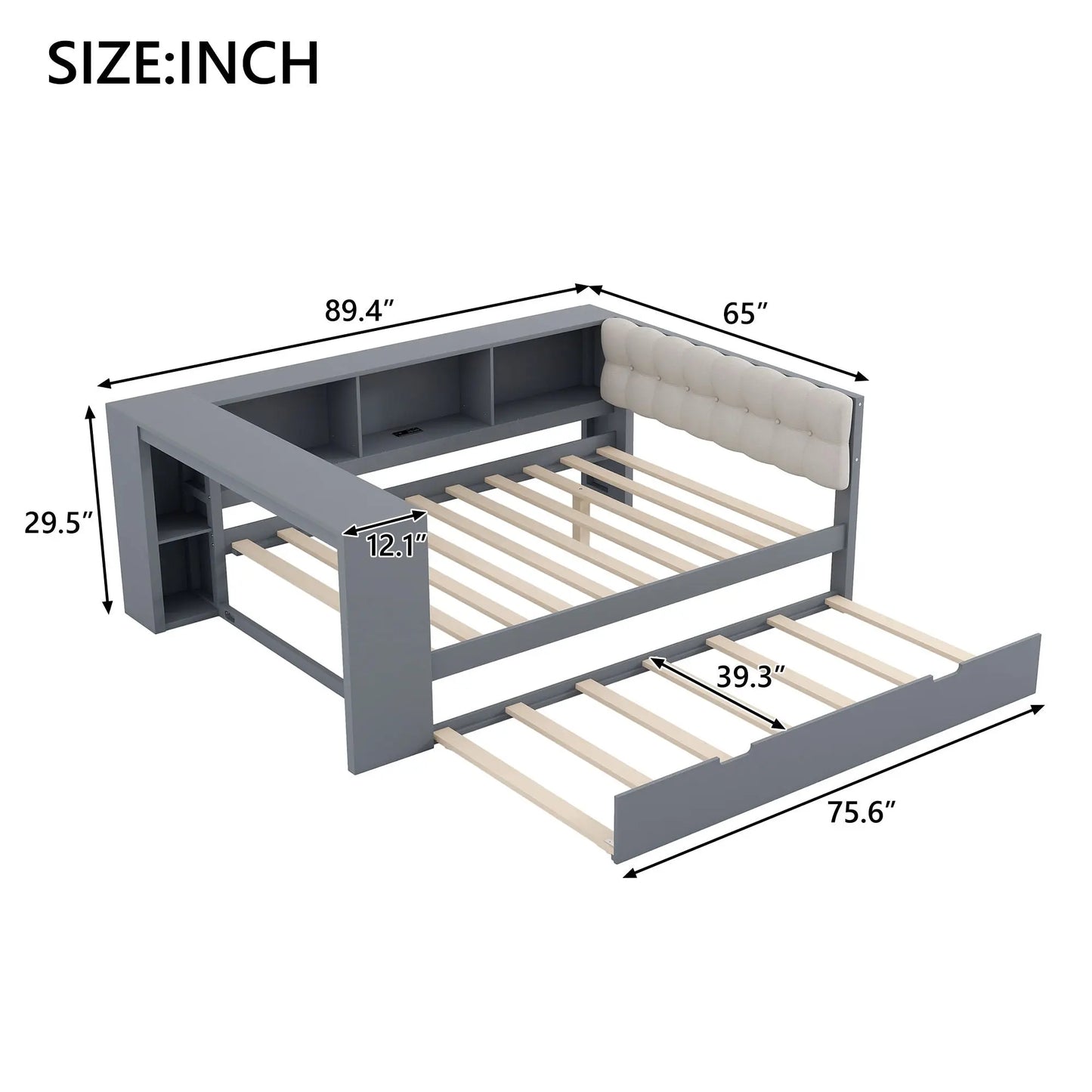 Upholstered Headboard Platform Bed With Storage Shelves, Trundle, Charging Station Hearth and Haven