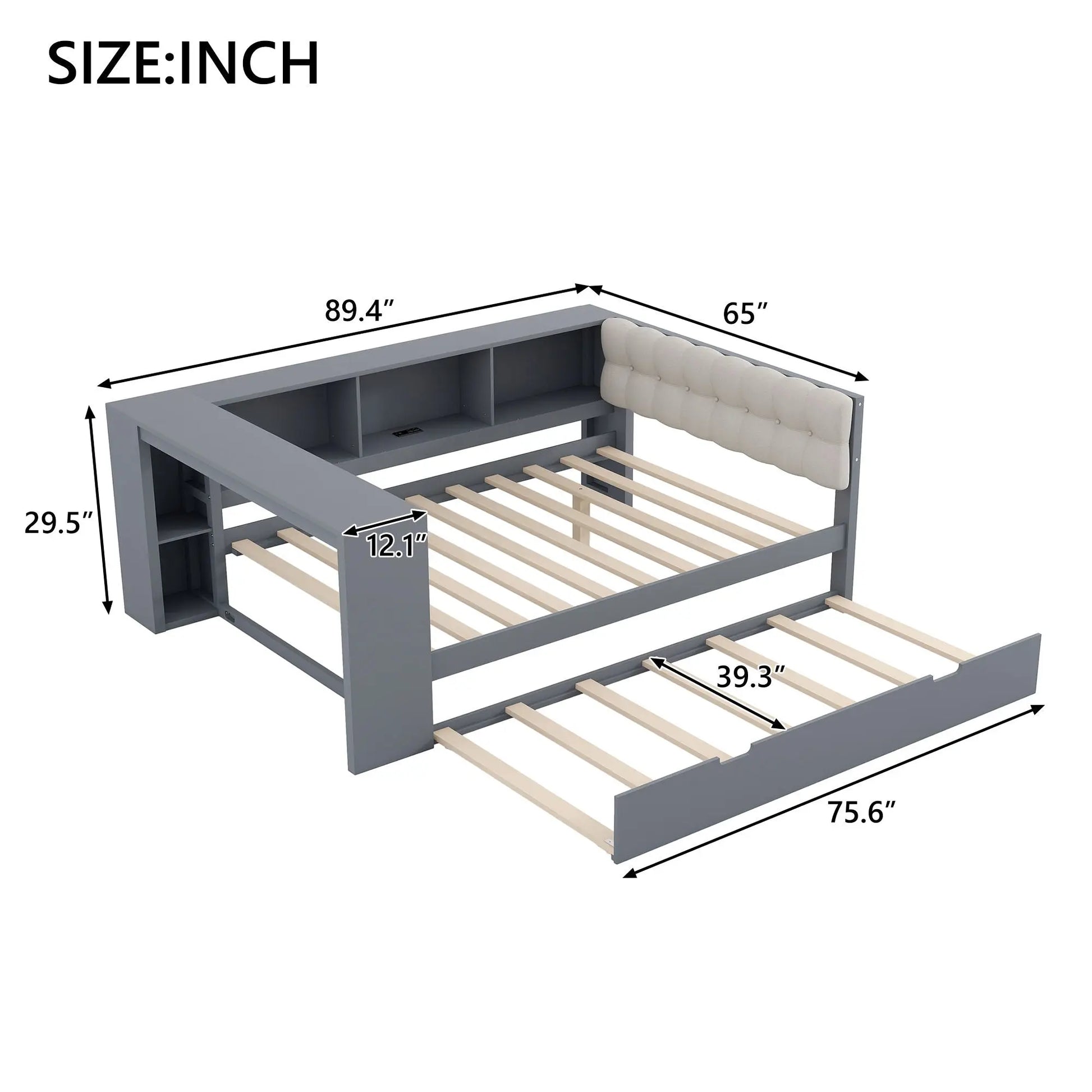 Upholstered Headboard Platform Bed With Storage Shelves, Trundle, Charging Station Hearth and Haven