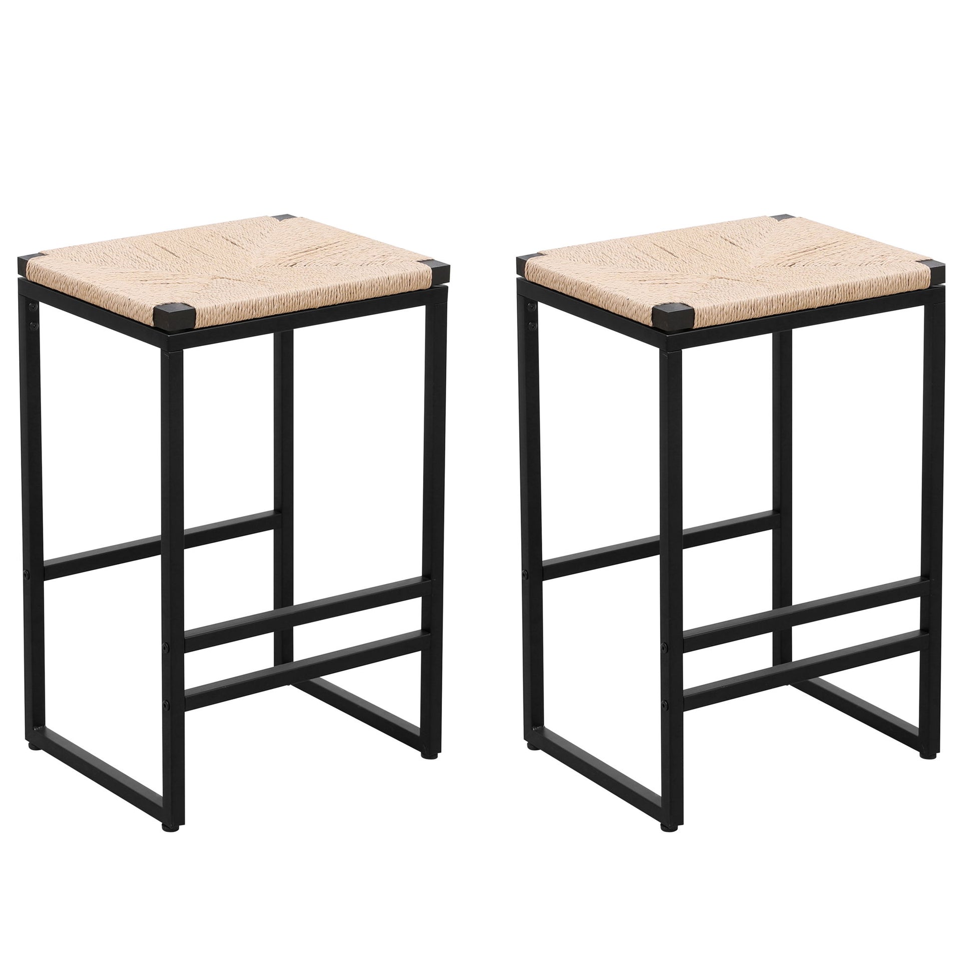 Boho Style Backless Bar Stools (Set of 2) With Paper Rope Woven Seat & Metal Frame For Kitchen Counter Home Essentials