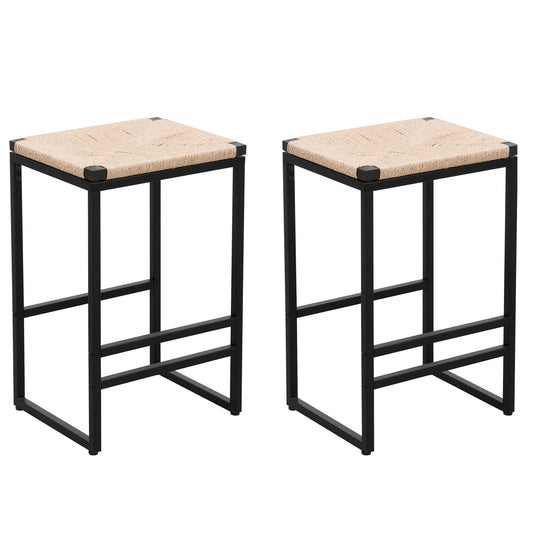 Boho Style Backless Bar Stools (Set of 2) With Paper Rope Woven Seat & Metal Frame For Kitchen Counter Home Essentials