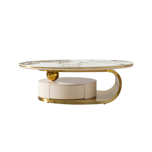 Modern Coffee Table Thick Sintered Stone Top With 2 Drawers Matt Stainless Steel Base - Gold Home Essentials