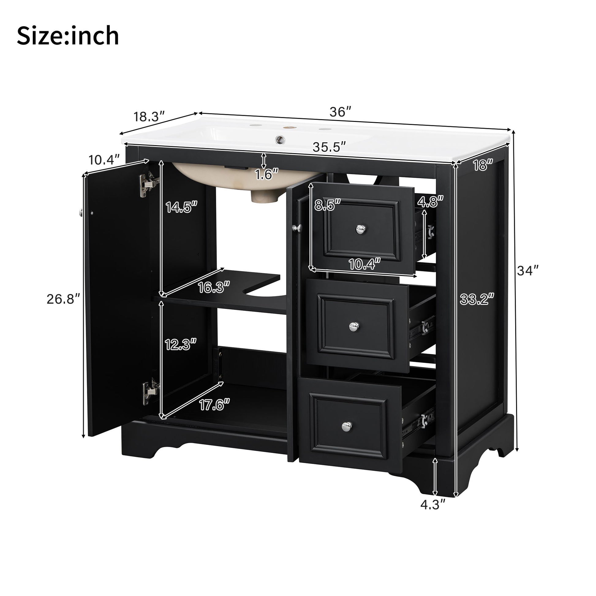 Bathroom Vanity With Sink, Soft-Close Doors, Adjustable U-Shelf, 3 Drawers Hearth and Haven