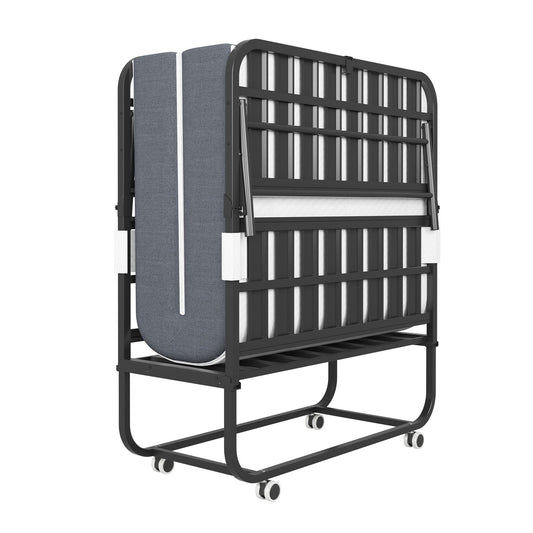 Twin Folding Bed With Memory Foam Mattress Portable Rollaway Bed Sturdy Metal Frame - Brushed Nickel - Snoozhouse